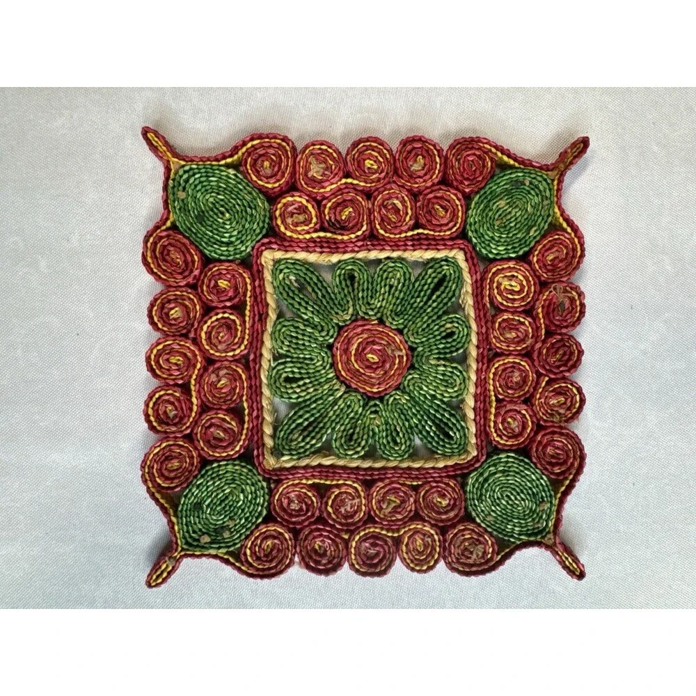 Pair Vintage 1970s Woven Straw Hot Pads Coiled Floral Trivets Boho Wall Decor